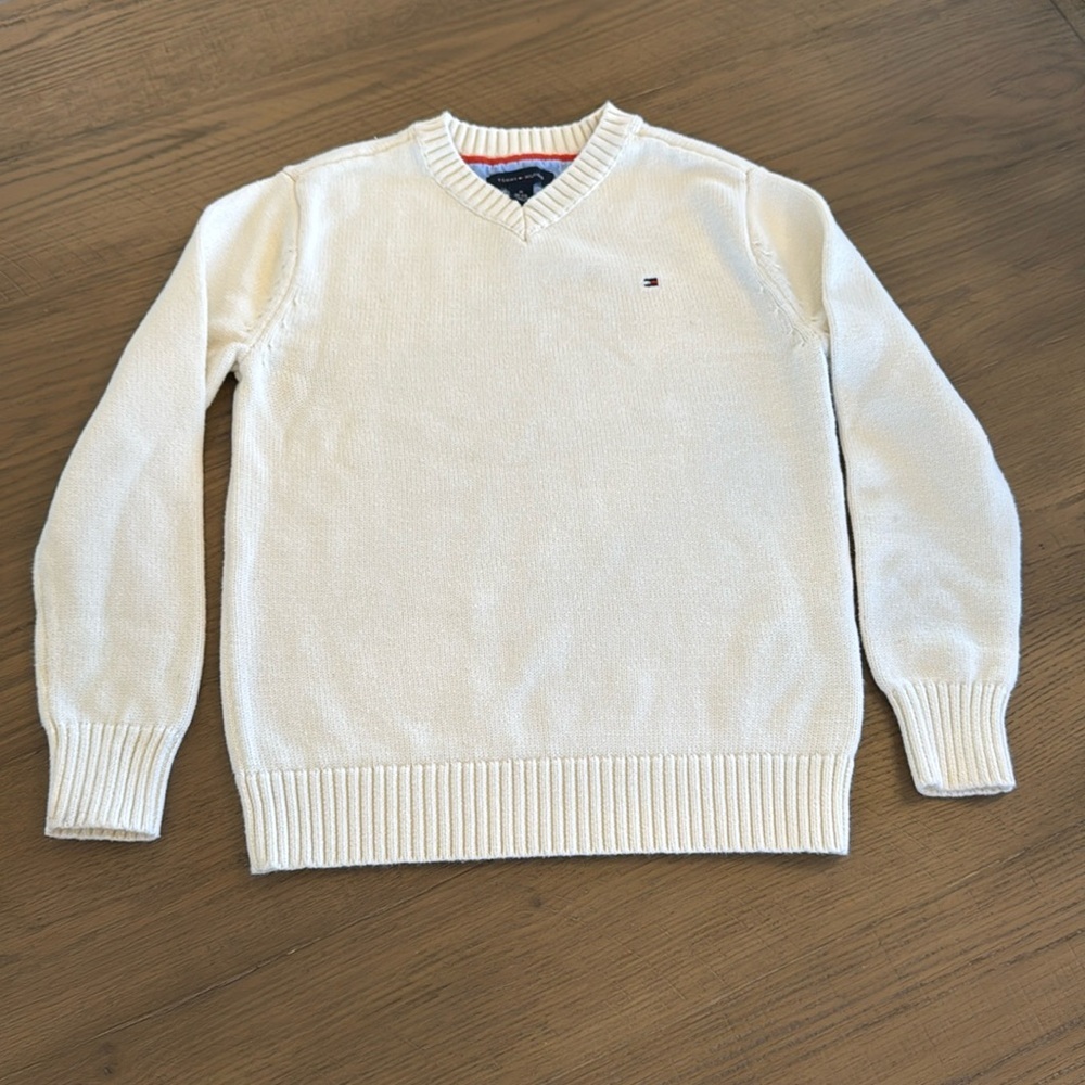 Tommy Hilfiger Kids V-Neck Logo Off White Color Warm Winter Sweater Medium 8-10